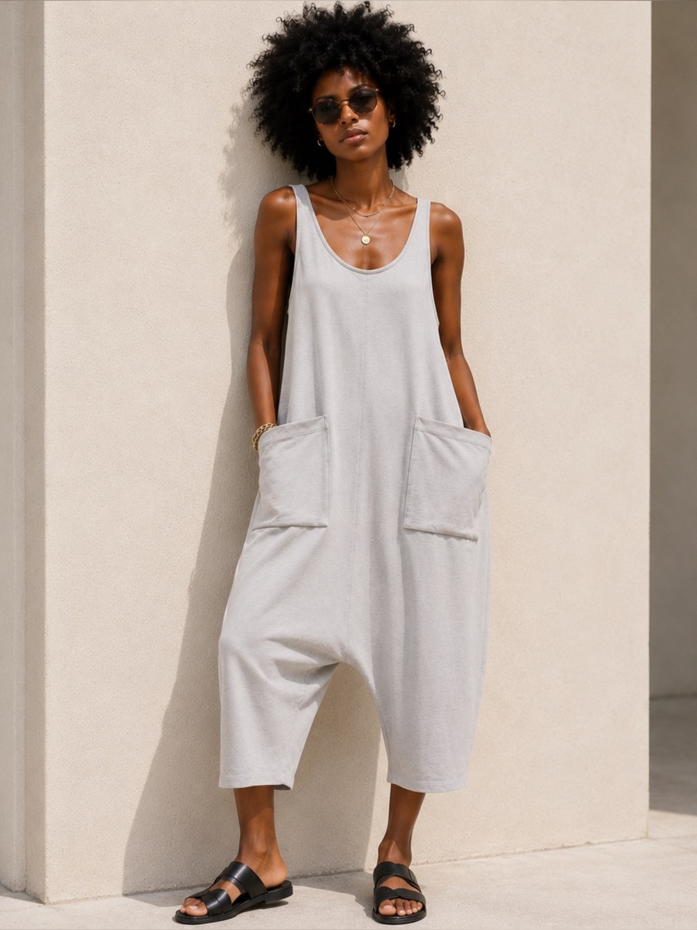Zara Light Gray Relaxed Pocket Jumpsuit | Oversized Sleeveless Romper